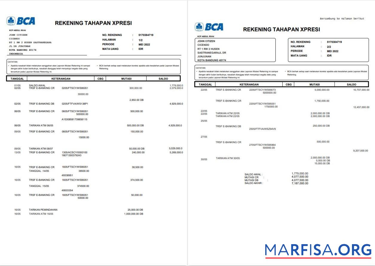 Realistic Indonesia BCA bank statement word 2 pages template
